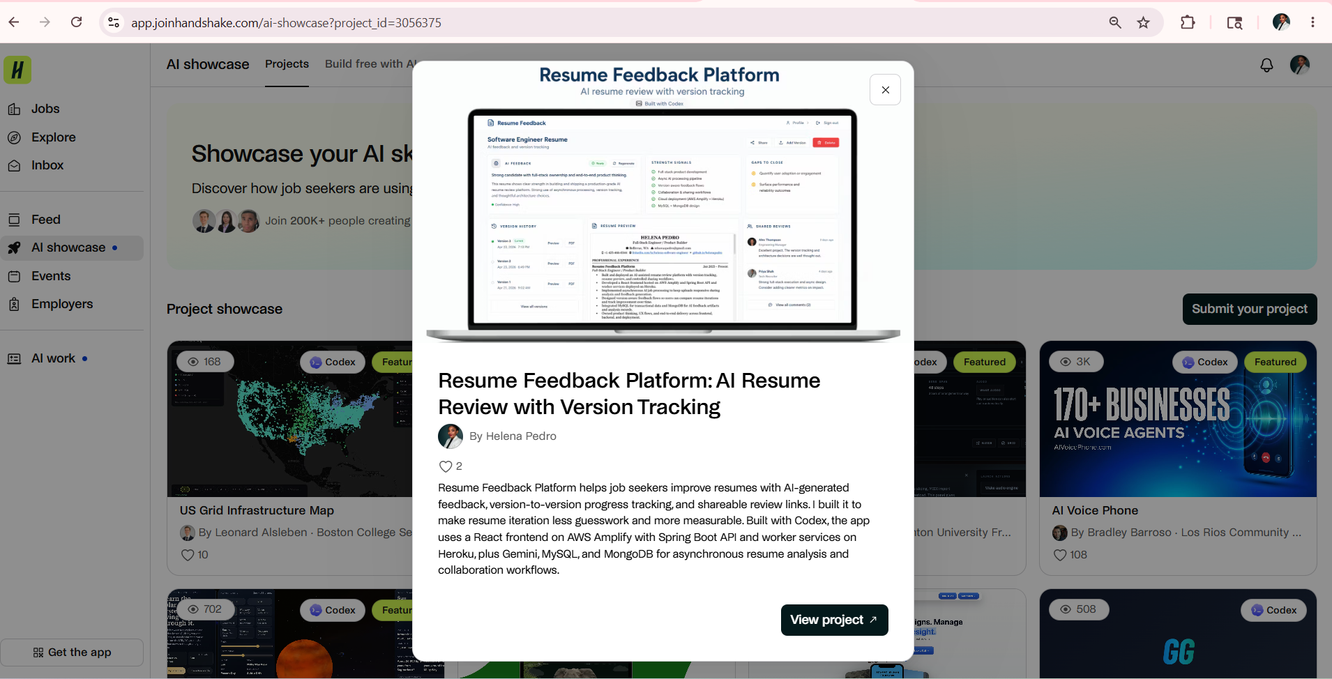 Handshake AI Showcase: Resume Feedback Platform featured through OpenAI Developers x Handshake
